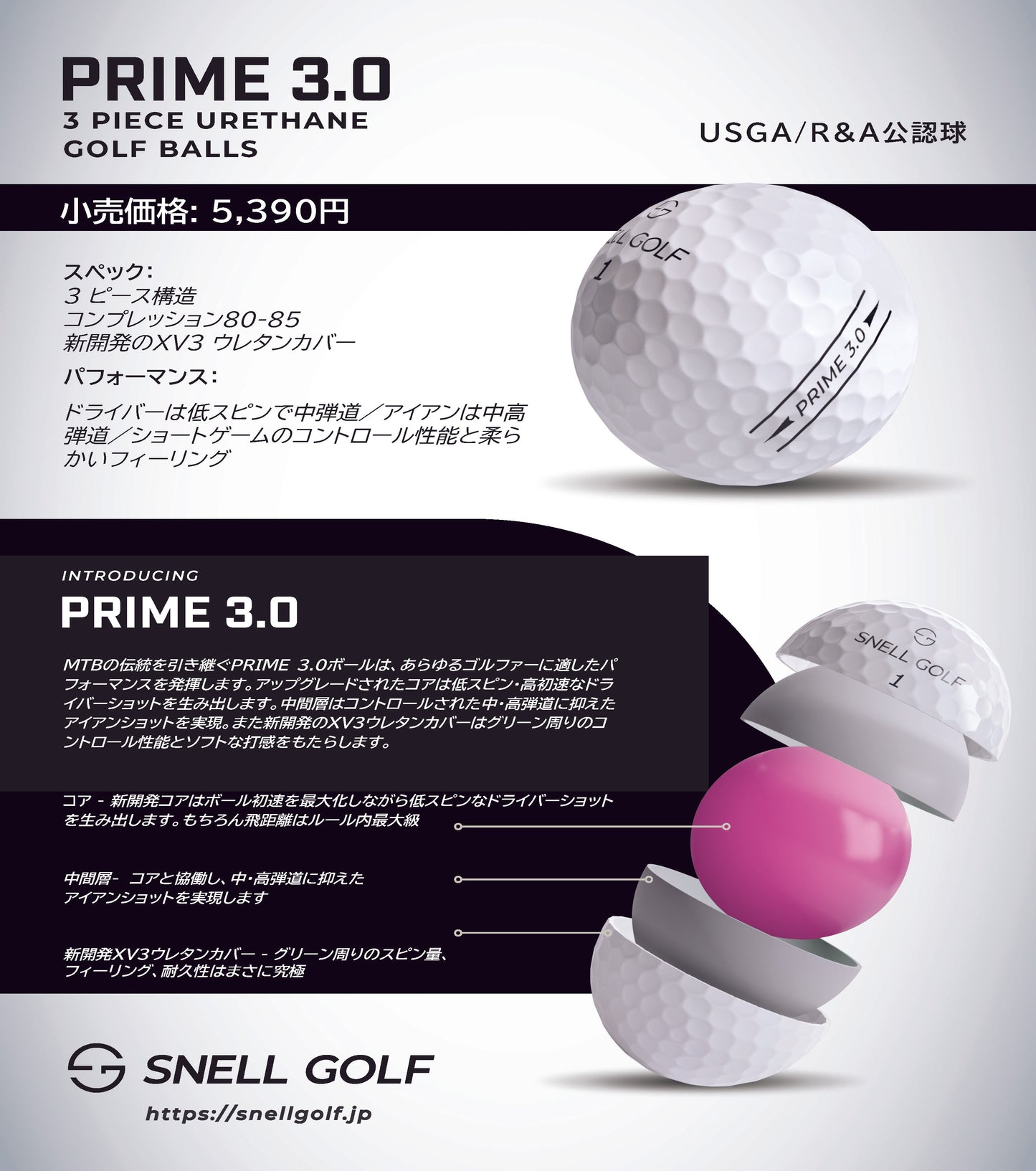 Snell Golf テスティングパック PRIME 2.0/3.0/4.0(白)各1スリーブ